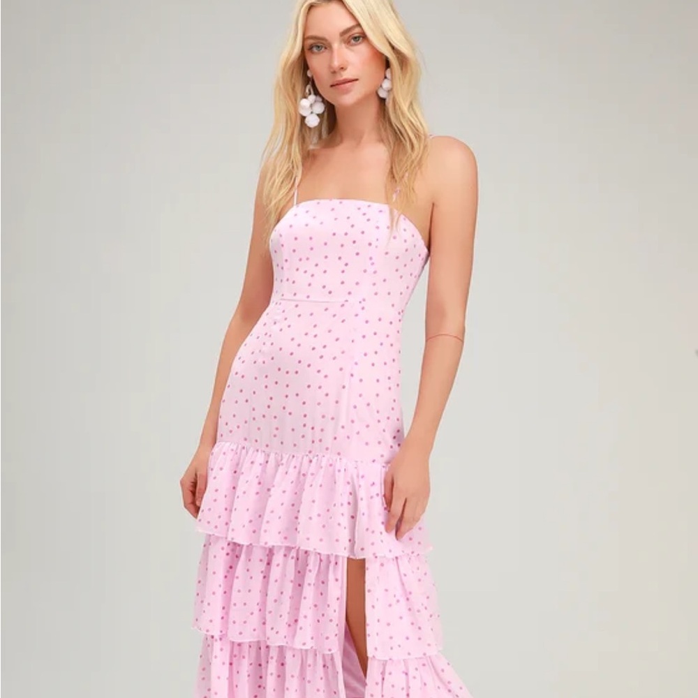 Lulus Nellie Pink Polka Dot Ruffled Midi Dress- NWT